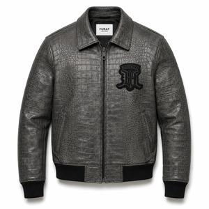แจ็คเก็ตบอมเบอร์หนังแกะลายจระเข้แบบดิสเทรสสั่งทำได้ MOQ ต่ำจาก Furat Leathers สำหรับผู้ชาย พร้อมปักลาย OEM สำหรับฤดูหนาว - Product Image 1