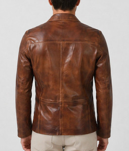 Icon by Gilani Men’s Brown Vintage Turn Down Collar <b>Button</b> Closure Leather <b>Blazer</b> - Product Image 2