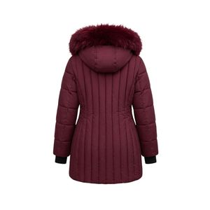 Wine Red Puffer <b>Coat</b> Slim Fit Full Sleeve Thermal <b>Padded</b> Breathable Comfortable Plus Size <b>Women</b> <b>Coats</b> - Product Image 3