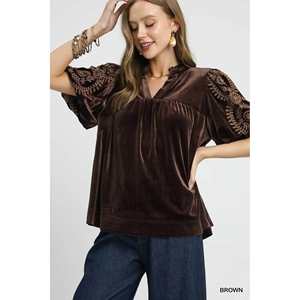 Blusa Marrón de Terciopelo para Mujer, Talla S, con Manga Bordada en Terciopelo - Product Image 5