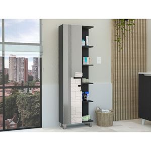 Mobiletto da bagno Urano nero in lino con quattro ripiani interni e cinque esterni, con specchio - Product Image 1