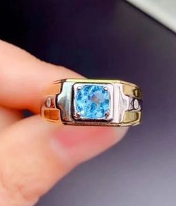 Bague de mariage et de fiançailles pour homme en topaze bleue, plaqué or 14 carats, argent, pierre naturelle taille brillant ronde, bijoux de luxe - Product Image 5