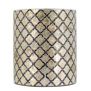 Quatrefoil Lattice Pattern Cylinder <b>Stools</b> Mother of Pearl Handcrafted Mosaic Small Side Table For Living Room <b>Bedroom</b> Decor - Product Image 2