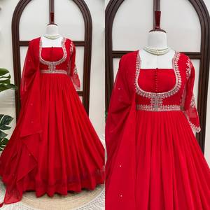 Ensemble Anarkali indien pakistanais brodé rouge, robe traditionnelle en polyester longue jusqu'au sol, séchage rapide pour mariage et fête - Product Image 2