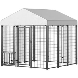 Recinto per Cani da Esterno 1,8m x 1,8m x 1,8m con Tetto Girevole e 4 Ciotole Regolabili a 4 Livelli, Materiale Resistente con Struttura a Rete - Product Image 1