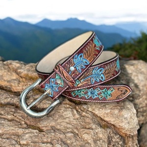Cinturones Vaqueros Unisex de Cuero Genuino Hechos a Mano con Diseño Floral Grabado y Pintado a Mano, Novedad - Product Image 6