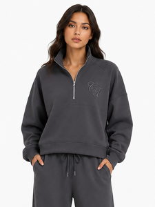 Conjunto de Sudadera con Capucha Oversize para Mujer con Cuello Alto y Cremallera de un Cuarto, Pantalones de Chándal de Forro Polar de Color Liso, Bordado Personalizado - Product Image 3