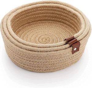 Ensemble de 3 paniers de rangement en corde de jute tressée à la main, finition naturelle avec poignées en cuir, pour le rangement et l'organisation - Product Image 1