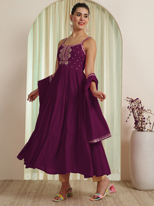 Purple <b>Embroidered</b> Rayon Kurti With Matching <b>Shawl</b> Women Traditional Casual Wear Spring Summer Style Beautiful Kurti Women - Product Image 2
