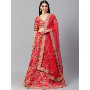 Ropa de boda de color rojo hipnótico satén bordado Lehenga Choli - Product Image 6