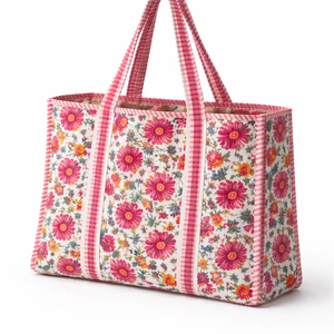 Sac fourre-tout matelassé floral en coton, sac à bandoulière rembourré grande capacité pour femme, sac de shopping fait main - Product Image 1