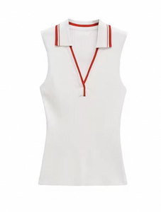 Chaleco de punto acanalado para mujer, estilo polo, vintage, a rayas, sin mangas, top casual, elegante, a la moda, camiseta sin mangas de verano - Product Image 4
