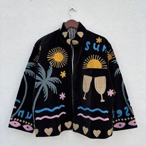 Bata de mujer con cuello en V, 100% algodón, reversible, con bordado floral azul, tipo kimono largo, con cinturón, para estar en casa, hecha a mano - Product Image 1