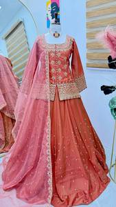 Designer Embroidery Sequence And Moti Work Shimmer Silk <b>Top</b> With <b>Lehenga</b> Bottom And Dupatta Fully Stitched Ready To Wear Set - Product Image 5