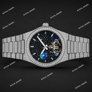 Montre de luxe à mouvement quartz, cadran ciel nocturne céleste, entièrement pavée de diamants, en or blanc, avec phases de lune - Product Image 2