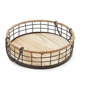 Rustic Round Storage Basket with Wood Base and Metal Wire <b>Frame</b> Handle for Multi-Purpose Neatening - Product Image 1