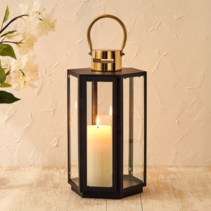 Modern Black Metal Glass Candle <b>Lantern</b> with <b>Gold</b> Handle Decorative <b>Lantern</b> for Indoor Outdoor Home Wedding table top Decor Gift - Product Image 2