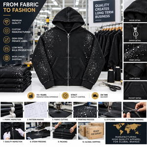 Sweat à capuche brodé personnalisé pour homme, 100 % coton respirant, style décontracté vintage délavé avec fermeture éclair ornée de strass - Product Image 3