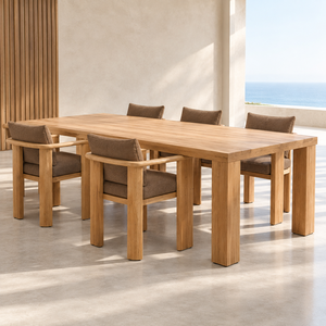Ensemble de table à manger en teck massif avec fauteuils et coussins bruns, mobilier moderne pour extérieur, patio, hôtel, café, restaurant - Product Image 4