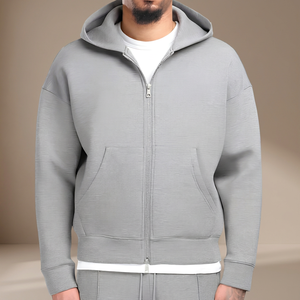 Sweat-shirt à capuche zippé pour homme, 100% coton French Terry, coupe classique, gris uni, vêtement décontracté pour l'automne - Product Image 3