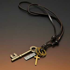 Silver Key of Faith Rhodium Plated Stainless Steel Pendant with Adjustable Leather Rope for Men - Product Image 2