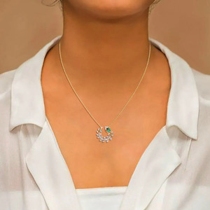 Green Teardrop Leaf <b>Wreath</b> Diamond Necklace with Botanical Branch <b>Frame</b> and Elegant Nature Inspired Design - Product Image 2