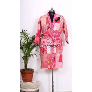 Robe d'automne pour femmes, faite à la main en Inde, imprimé floral, col en V, fermeture à cordon, manches longues, 100% coton - Product Image 3