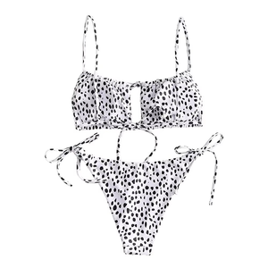 Women Bikini <b>Set</b> Black <b>White</b> Spotted Print Adjustable Tie Side Two <b>Piece</b> Swimwear - Product Image 5