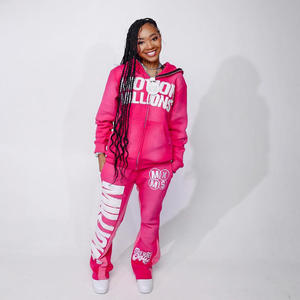 Custom Men's 100% Cotton Distressed Hoodie and Stacked Flared Sweatpants <b>Set</b> Applique Patch Streetwear Tracksuit - Product Image 1
