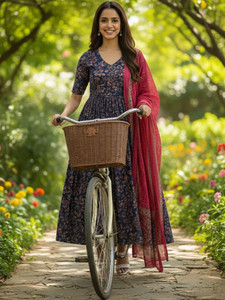 <b>Women</b> Traditional Ethnic Printed Anarkali <b>Kurta</b> Set With Dupatta Rayon Loose Fit Knee Length Spring India Pakistan Style - Product Image 1
