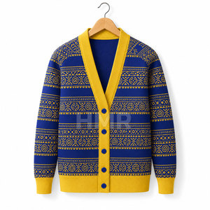Cárdigan de Punto con Patrón Geométrico Azul y Amarillo de la Hermandad HMR, Cuello en V, Manga Larga, Estilo Casual - Product Image 5