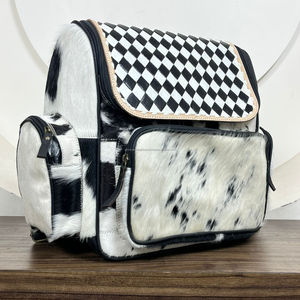 Designer Western Checkered Pattern Cowhide Leather Backpack With Handmade Genuine Leather Duffle <b>Bag</b> Unisex <b>Travel</b> Combo <b>Set</b> - Product Image 5