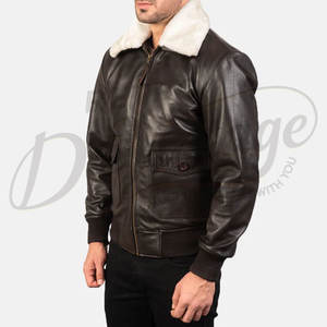 Blouson aviateur en cuir marron foncé pour homme de qualité supérieure avec col en fausse fourrure blanche, veste de pilote classique, vêtement d'extérieur chaud pour l'hiver - Product Image 5
