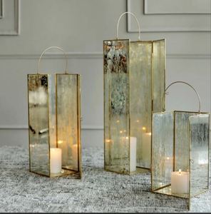 Set of 3 Antique <b>Mirror</b> Glass Candle Lanterns Brass Metal Lantern Candle Holder Set with Handle for Home Decor - Product Image 1