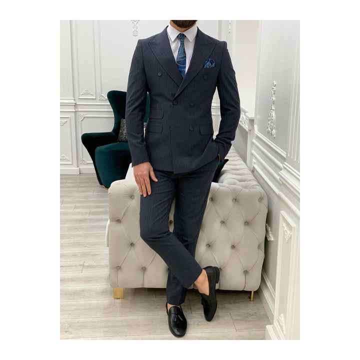 Men's Striped Double Breasted Suit Italian Style Slim Fit Jacket Trousers - Navy Blue