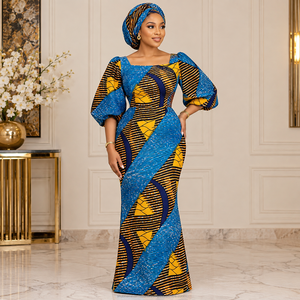 Blue Yellow Geometric Ankara Wax <b>Print</b> Fabric with Striped <b>Abstract</b> Pattern for African Dresses and Fashion Wear - Product Image 2