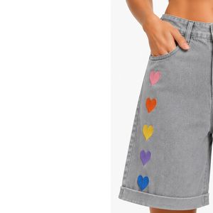 <b>Light</b> Gray <b>Rainbow</b> Heart Embroidered Women Denim Shorts High Waist Casual Loose Fit Rolled Hem Cotton Summer Fashion Jeans Short - Product Image 3