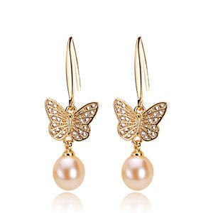 Wholesale New Butterfly Style Freshwater <b>Pearl</b> <b>Earrings</b> for Women Zircon Plated Gold Dangle Fashion Jewelry - Product Image 5