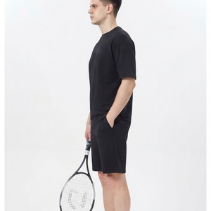 Ensemble T-shirt et short décontracté en coton noir pour homme OEM, col rond, manches courtes, couleur unie, respirant, tenue d'été, coupe classique - Product Image 2
