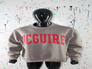 MCGUIRE Warm Gray <b>Mock</b> <b>Neck</b> Sweatshirt 100% RED Applique Embroidery wide <b>neck</b> Sweatshirt Finer Threads - Product Image 2