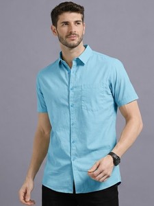 Men's Light Blue Short Sleeve Cotton Poplin Casual <b>Shirt</b> Turn-down Collar Solid Color Breathable Summer Wear - Product Image 1