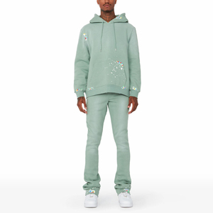 Wholesale Heavyweight Printed Boxy Fit Streetwear Men <b>Tracksuit</b> Set High Quality 100% Cotton Solid Color Customized Logo Flared - Product Image 1