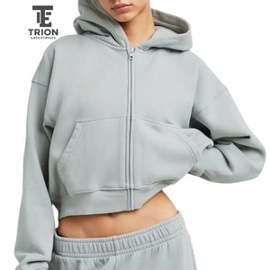Precio al por mayor, superventas: Sudadera con capucha corta oversize con cremallera para mujer, con lavado ácido, estilo vintage y holgado. - Product Image 6