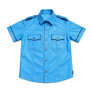 Sky Blue Burgundy Olive Leather <b>Shirt</b> Short Sleeve <b>Epaulet</b> Black Yellow White Trim Snap Button Mens Lambskin Top - Product Image 1