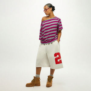 T-shirt tricoté décontracté à manches courtes et épaules dénudées pour femme 2026 – Coupe ample, écologique, respirant, avec logo, rayé, idéal pour l'été - Product Image 6