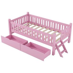 Lit plateforme moderne rose pour enfant, taille double, avec barrière de sécurité et 2 tiroirs, en bois de pin et MDF, pour chambre ou villa - Product Image 4