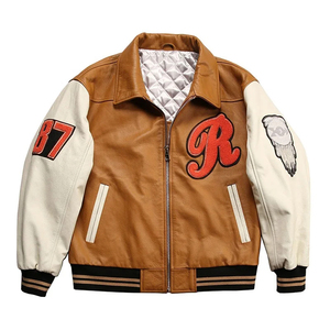 Blouson aviateur vintage en cuir pour homme avec logo R brodé et motifs de patchs, col rabattable, fermeture éclair - Product Image 1