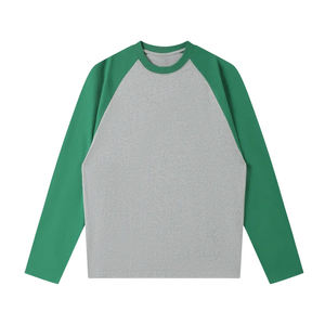 เสื้อยืดคอโอ แขนยาวทรงหลวม ผ้าฝ้ายแท้ 100% ลายบล็อกสีสไตล์วินเทจ แขนเสื้อแบบแร็กแลน  สำหรับผู้ชายและผู้หญิง - Product Image 1