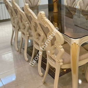 Juego de Comedor de Lujo Hecho a Mano en Blanco y Dorado para 10 Personas, Mesa con Tapa de Cristal y Tallado Victoriano Ornamentado - Product Image 3