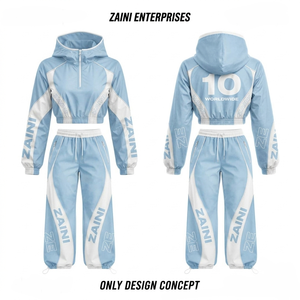Chaqueta Cortavientos Premium para Mujer, 120 GSM, Poliéster Tejido, Color Azul Cielo y Blanco, Paneles con Bloques de Color, Sublimación Personalizada, Impresión por Serigrafía - Product Image 1